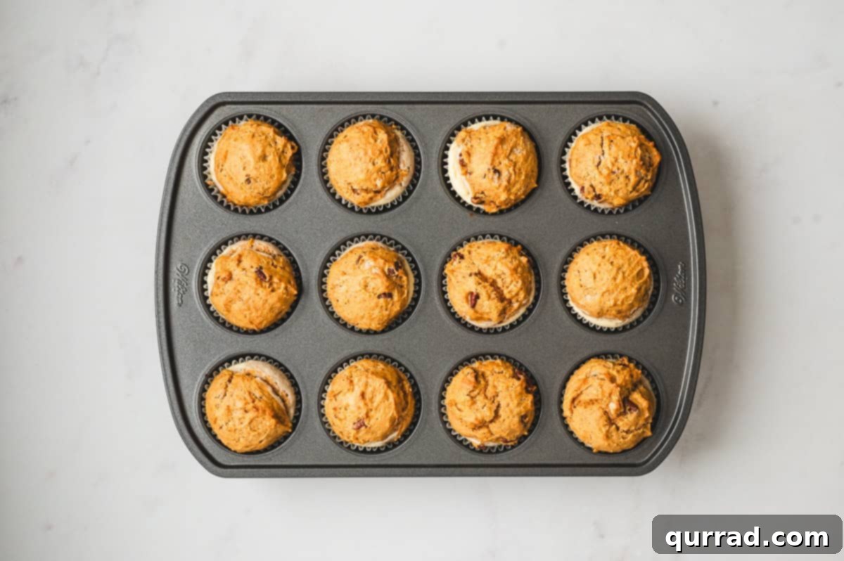 Pumpkin Cream Cheese Swirl Muffins 11 Freshly baked pumpkin cream cheese muffins cooling in a muffin tin.