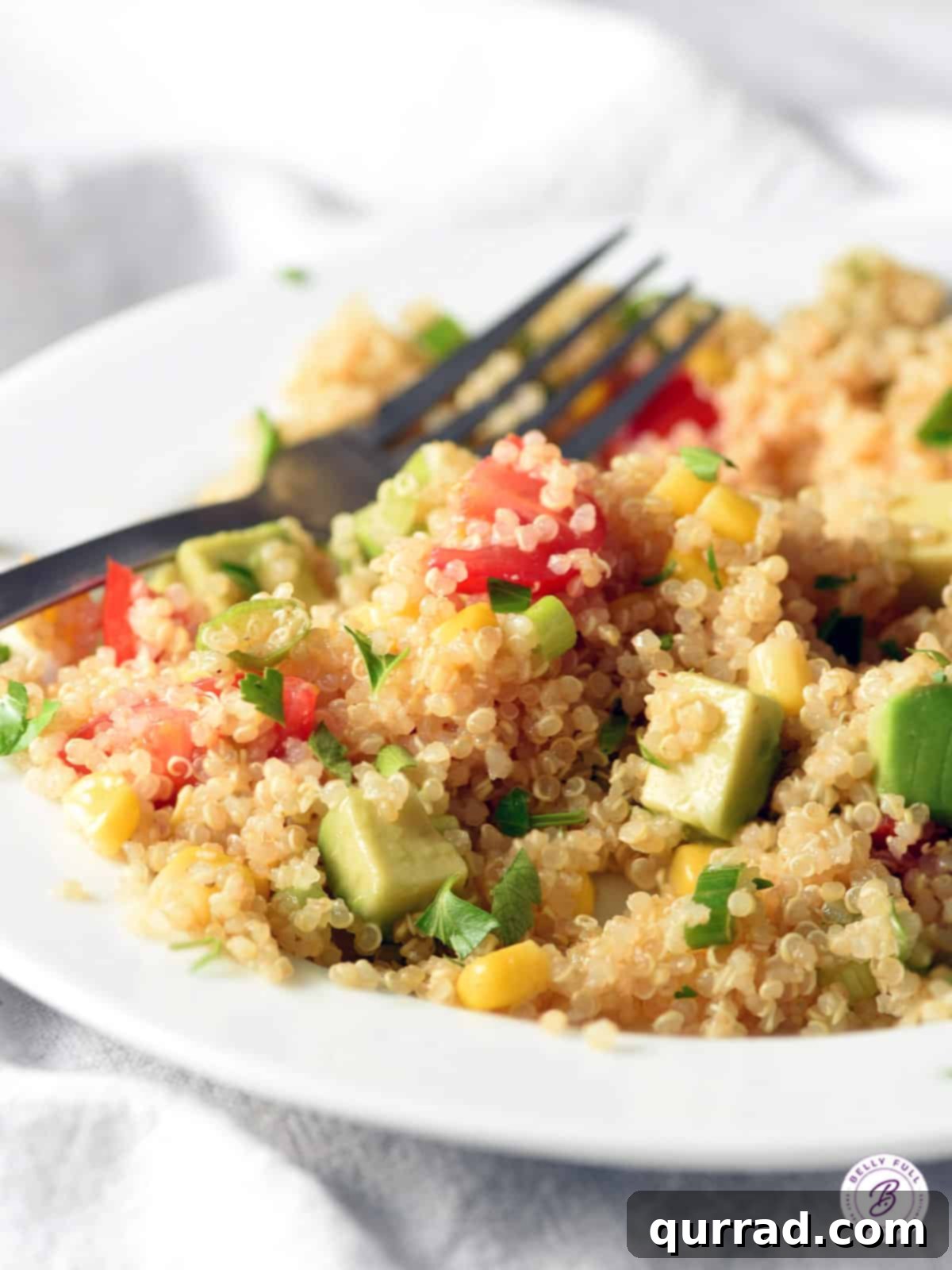 Vibrant Quinoa Medley 4 A serving of Summer Quinoa Salad on a plate with a fork, showcasing the vibrant colors of quinoa, tomatoes, and avocado.