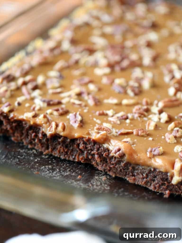 Sliced caramel pecan brownies arranged neatly in a baking dish, showcasing their multi-layered goodness and delicious texture. The perfect dessert ready to be served.