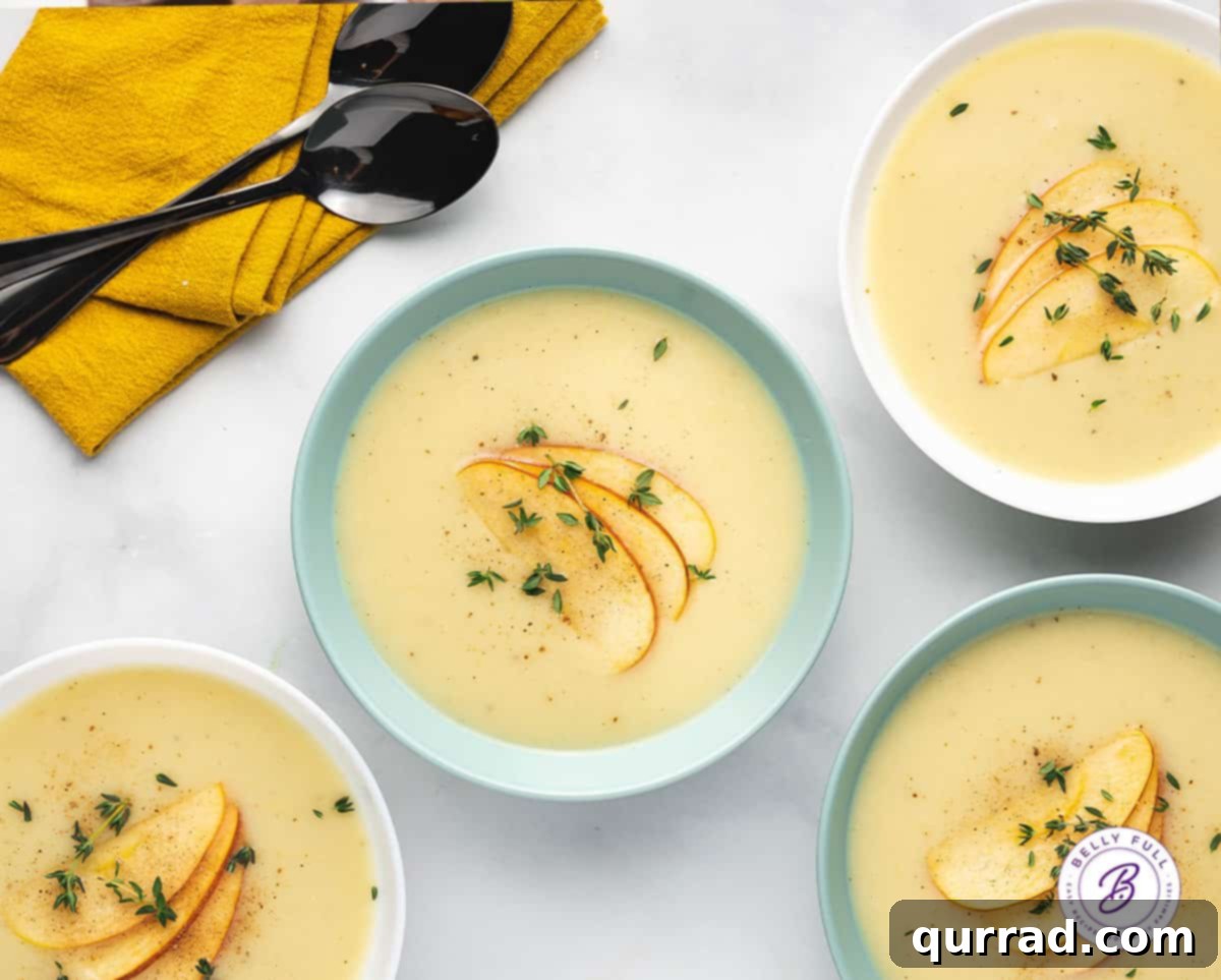 Velvety Parsnip Puree 4 overhead picture of 4 bowls of soup garnished with sliced apple