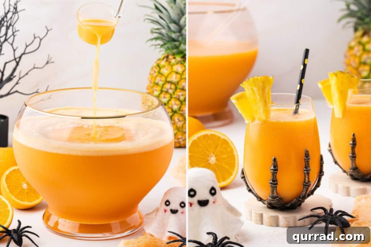 Enchanted Halloween Elixir 8 Halloween punch in a punch bowl with a skeleton glass and fog effect