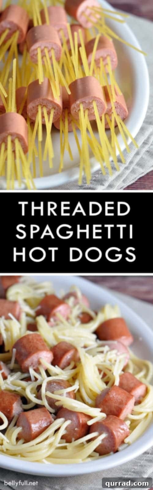 Spaghetti-Pierced Hot Dog Bites 6 A large serving bowl filled with Threaded Spaghetti Hot Dog Bites, ready to be enjoyed by the family. The pasta is coated in butter and Parmesan.