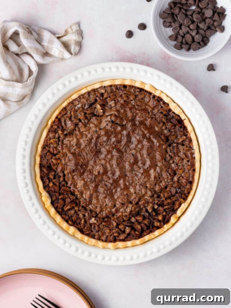 Overhead view of a whole Chocolate Pecan Pie cooling in a white pie plate, showcasing its beautiful golden-brown crust and rich topping.