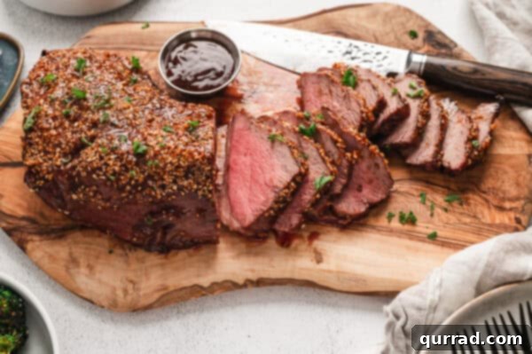 Overhead view of glazed roasted Tri-Tip being sliced on a cutting board against the grain