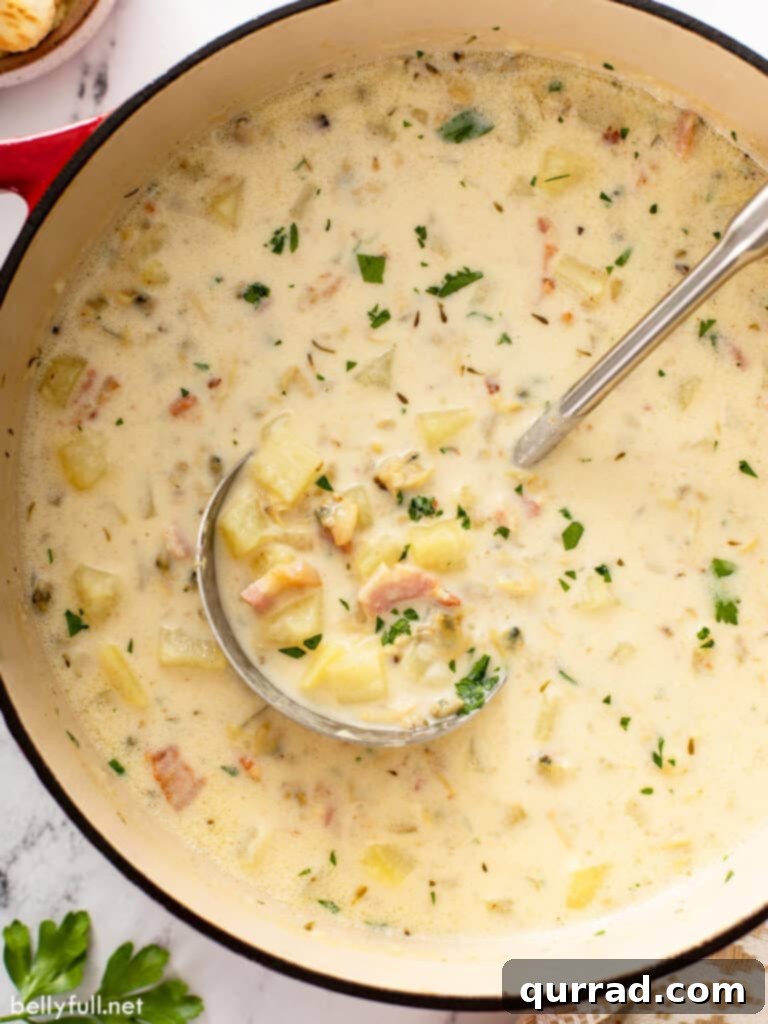 A ladle scooping a generous portion of thick, creamy clam chowder from a large pot, showcasing the chunks of clams, potatoes, and pork.