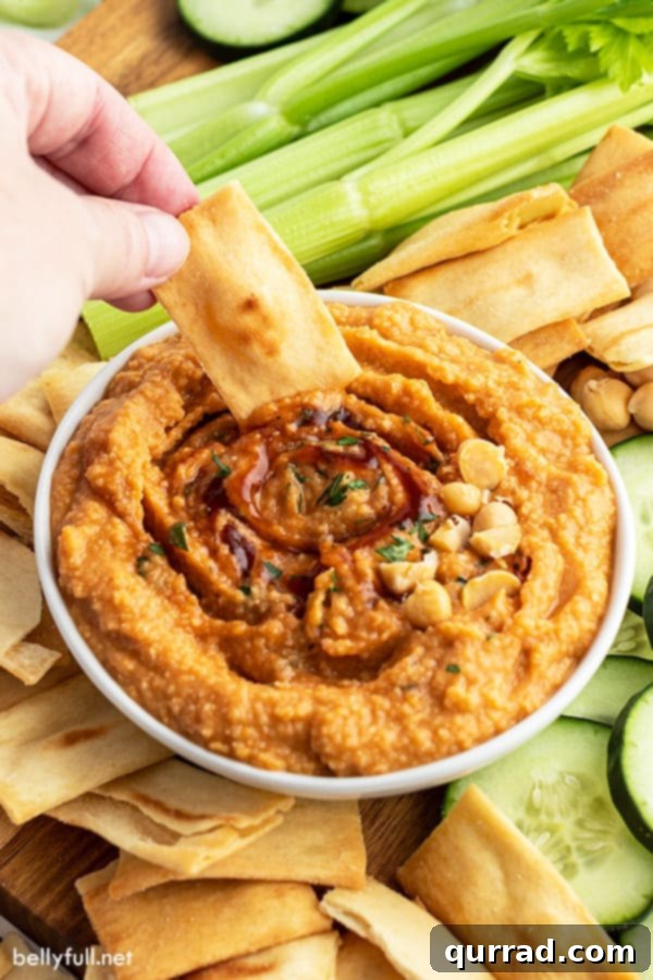 bowl of barbecue hummus with pita chips