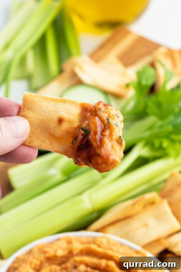 close up pita chip with chickpea dip