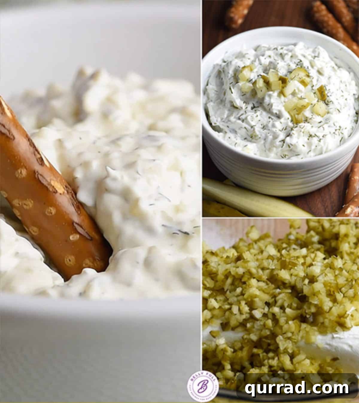 Creamy Dill Pickle Delight 4 Close-up shot of creamy dill pickle dip in a small white dish, with a pretzel rod dipped into it, highlighting the texture and inviting flavor.
