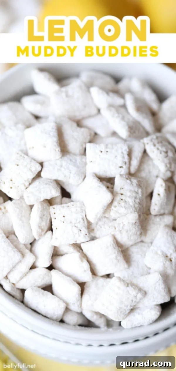 Zesty Lemon Snack Mix 3 Pinterest pin graphic for Lemon Muddy Buddies recipe with text overlay