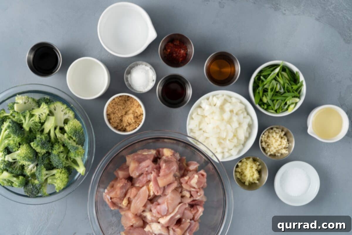 Savory Chicken and Broccoli Stir Fry 4 Assortment of fresh ingredients arranged for chicken and broccoli stir fry.