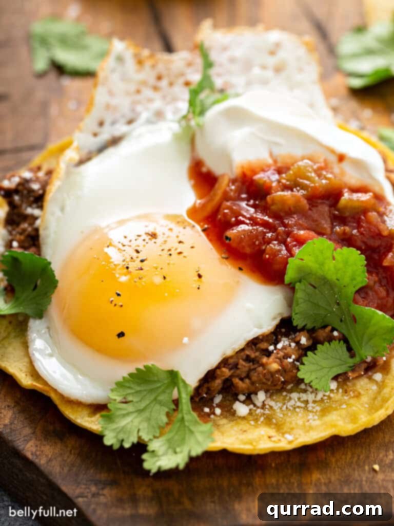 Fiesta Morning Eggs 4 Close up of a fried egg with refried beans and salsa on a corn tortilla