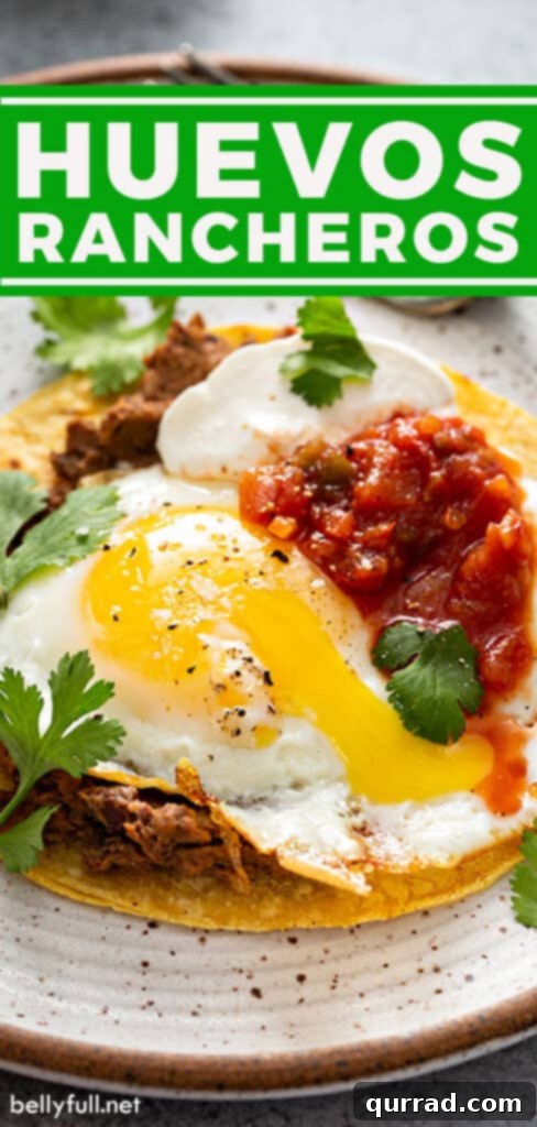 Pin for Huevos Rancheros recipe, showing stacked tortillas with eggs and beans