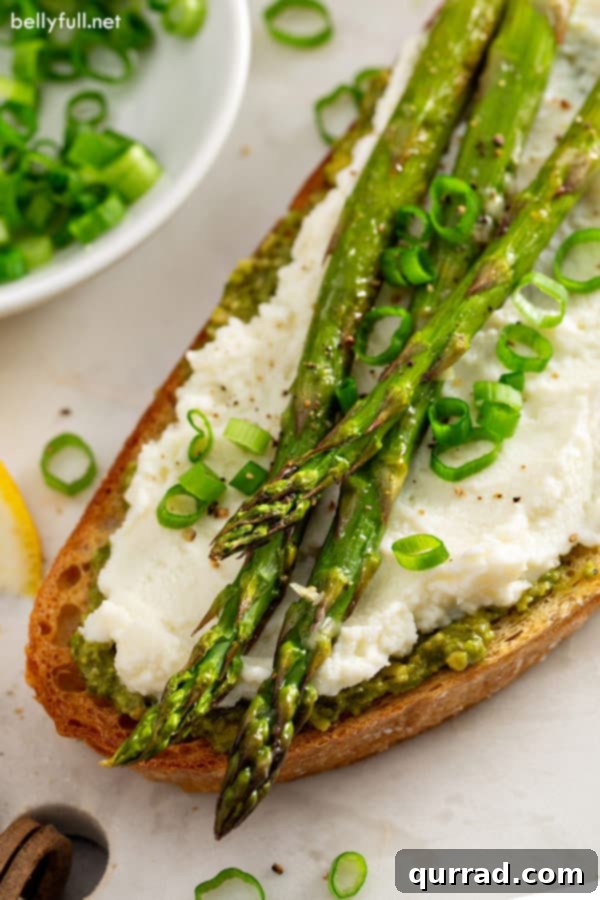Overhead view of a beautifully arranged open-faced sandwich featuring roasted asparagus, fresh pesto, and creamy ricotta on toasted bread