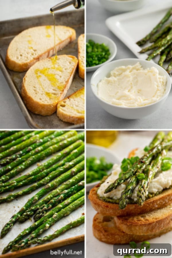 Step-by-step process pictures showing how to prepare the roasted asparagus open-faced sandwich, from toasting bread to assembly