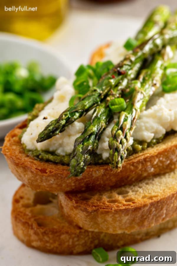 Close-up detailed picture of the roasted asparagus open-faced sandwich, showing the textures of ricotta, pesto, and asparagus
