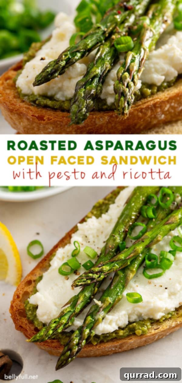 Long Pinterest-friendly image split into two sections, showcasing the roasted asparagus open-faced sandwich and crostini versions