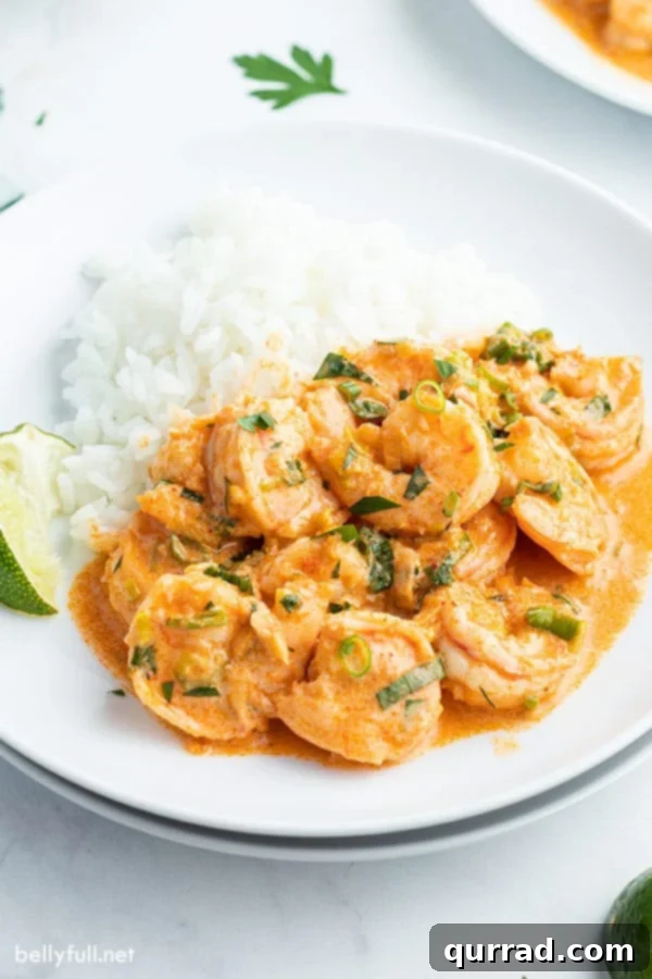 Creamy Thai Coconut Shrimp Curry 4 A portion of Thai Shrimp Curry served over white rice on a white plate, ready to eat.