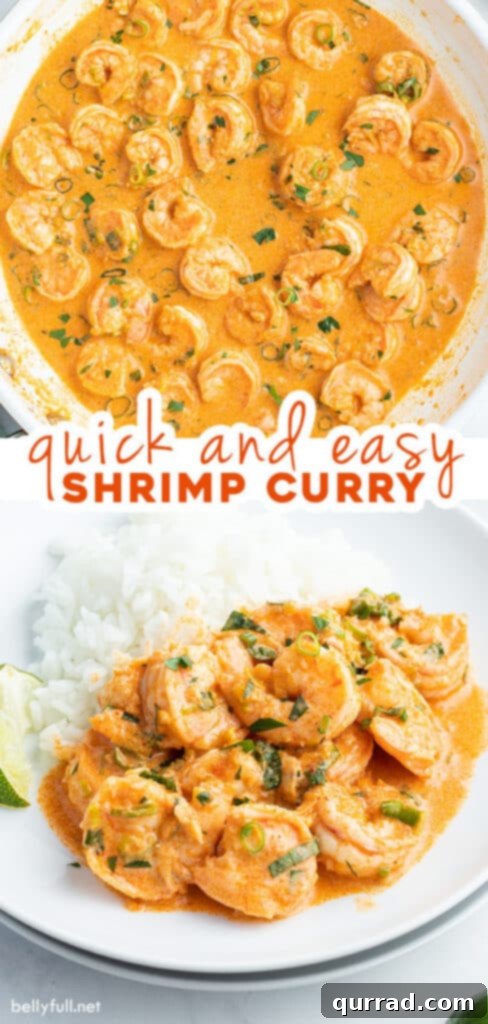 Creamy Thai Coconut Shrimp Curry 6 Two vertically stacked images promoting the Thai Shrimp Curry recipe, highlighting its quick preparation and delicious flavor.