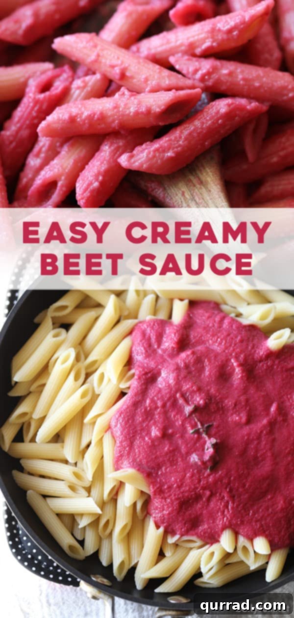 Velvet Beet Pasta 5 Pinterest pin showing pasta with creamy beet sauce, encouraging saving the recipe.