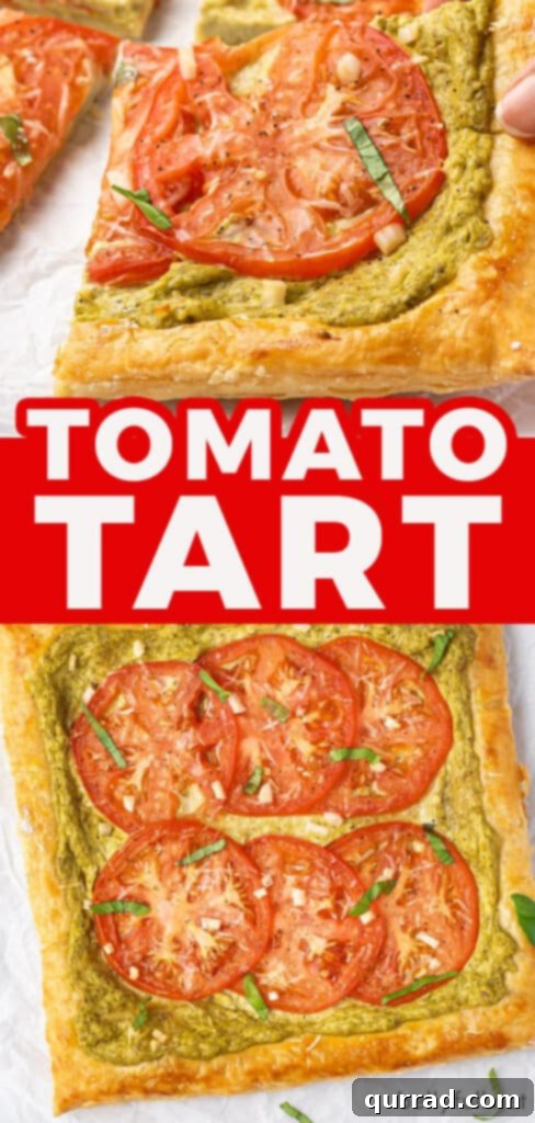 A Pinterest-friendly vertical image of the tomato basil tart with text overlay, ideal for sharing.