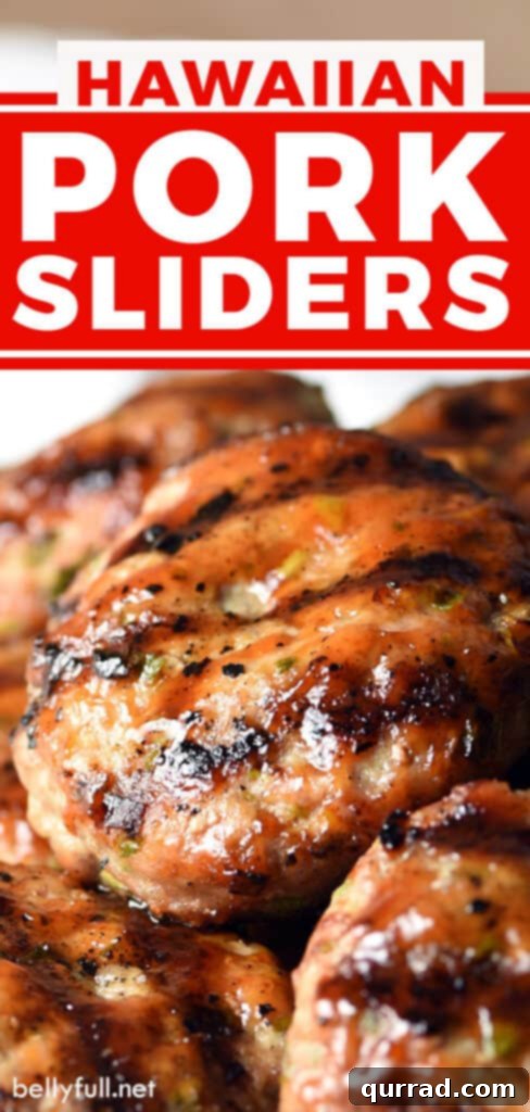 Tropical Pulled Pork Sliders 5 Pin for Hawaiian Pork Sliders recipe, featuring grilled pork patties with pineapple rings.
