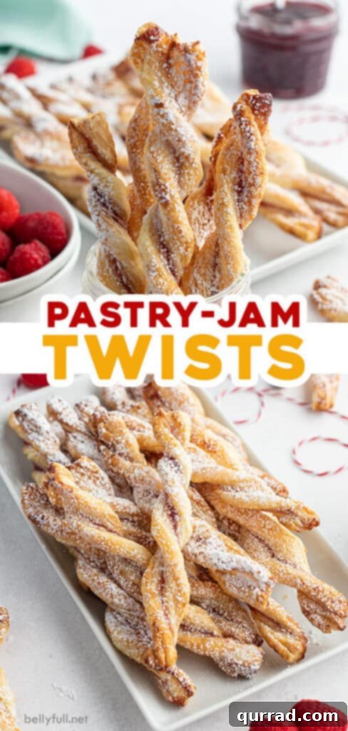 Golden Flaky Jam Spirals 7 A vibrant Pinterest pin graphic showcasing a pile of golden jam puff pastry twists, with bold text emphasizing '2-Ingredient' and 'Easy Baking' for sharing.