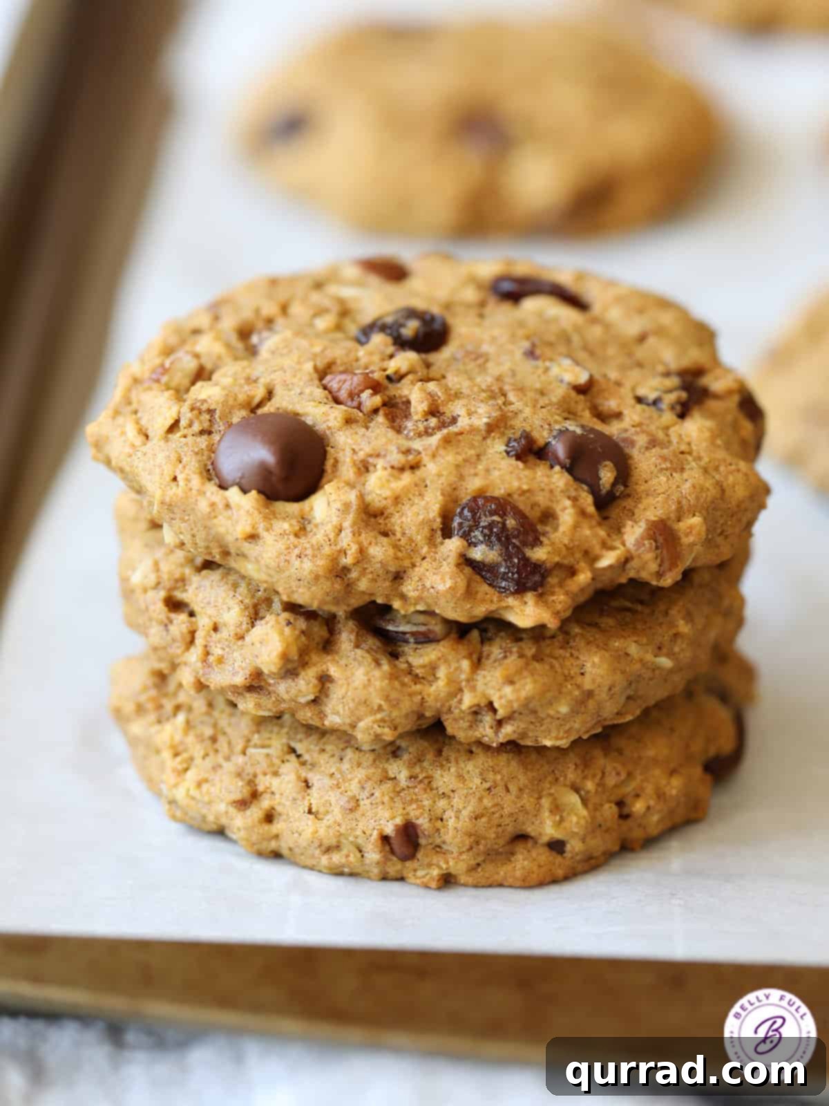 Rise and Shine Cookies 4 A perfectly stacked trio of three large breakfast cookies, showcasing their golden-brown edges and hearty texture, inviting a taste.