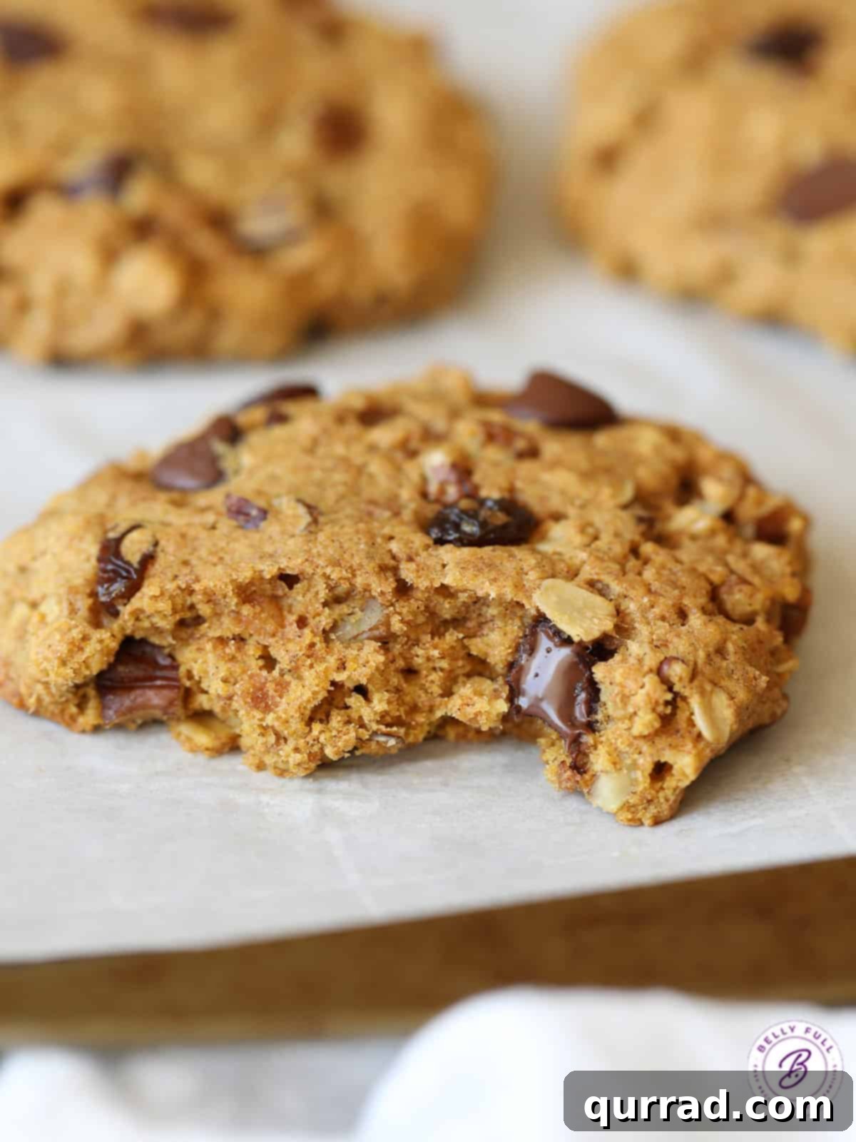 Rise and Shine Cookies 5 A close-up of a large, freshly baked breakfast cookie with a bite taken out, revealing its soft, wholesome interior and mix-ins.