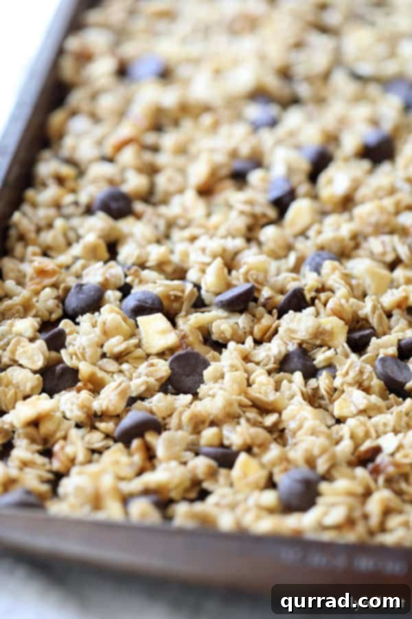 Homemade Granola on Baking Sheet Chunky Monkey Granola spread on a baking sheet, ready to chill.