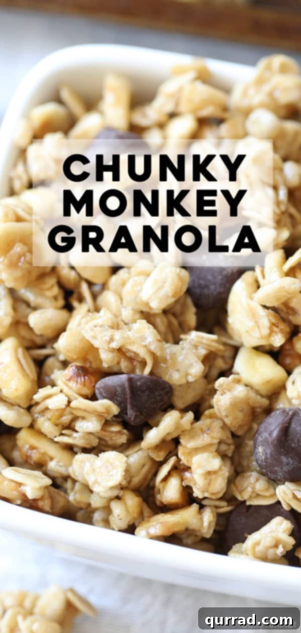 Homemade Chunky Monkey Granola Close Up Close-up shot of Homemade Chunky Monkey Granola, highlighting the banana chips and chocolate chips.