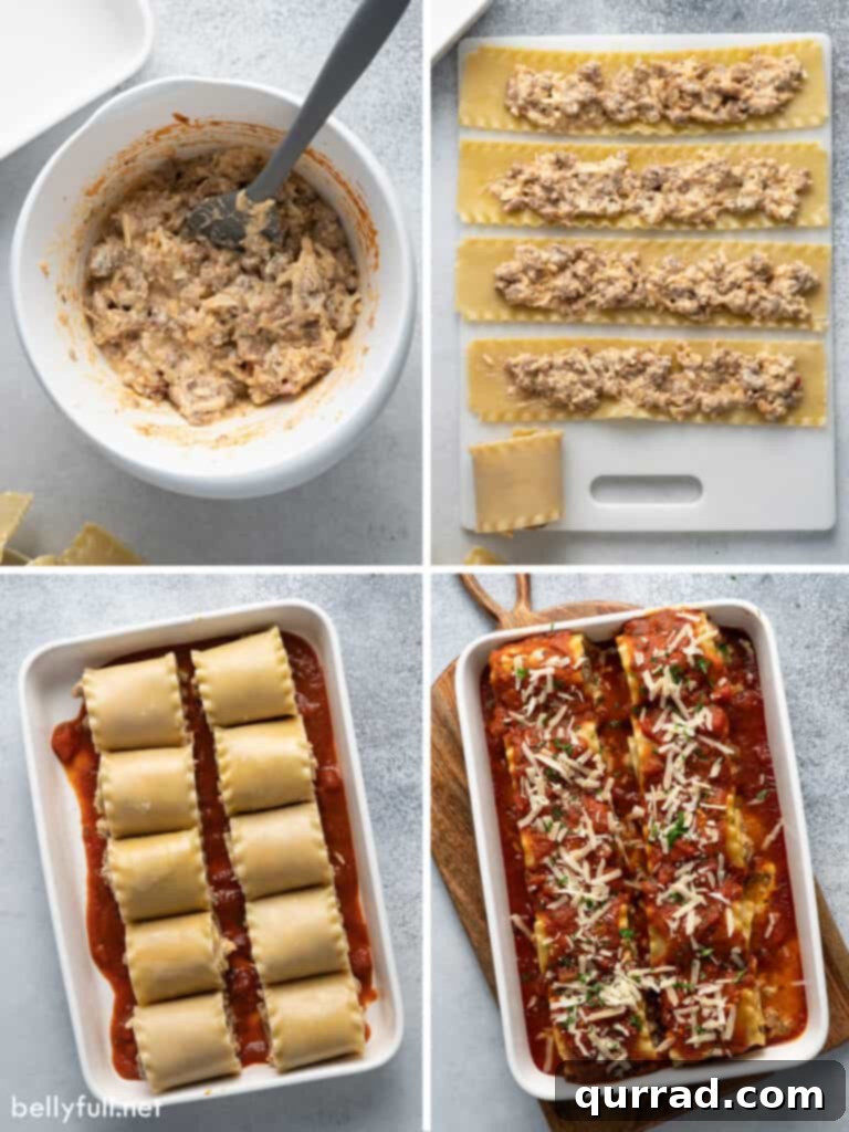 Four-picture collage demonstrating the step-by-step process of making lasagna rolls, from spreading filling to rolling noodles