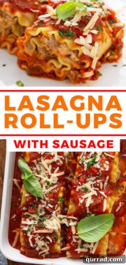 Pinterest pin graphic for Sausage Lasagna Rolls, highlighting the delicious twist on classic Italian comfort food