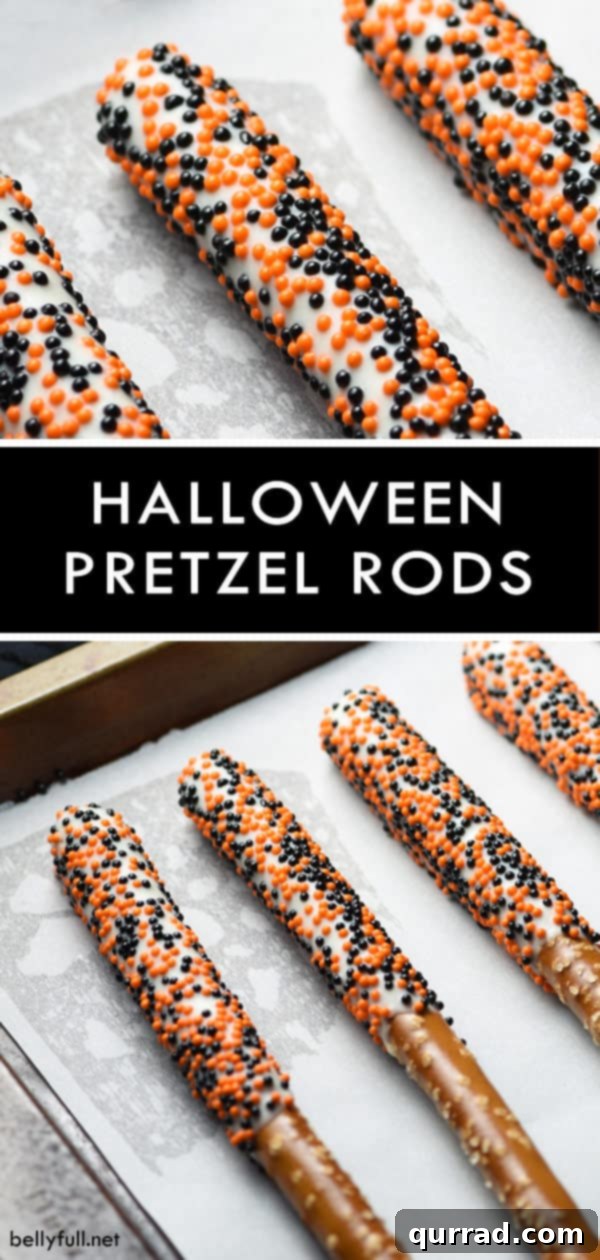 Variety of Halloween Pretzel Rods with Sprinkles Close-up of three Halloween Pretzel Rods, featuring different sprinkle patterns and textures