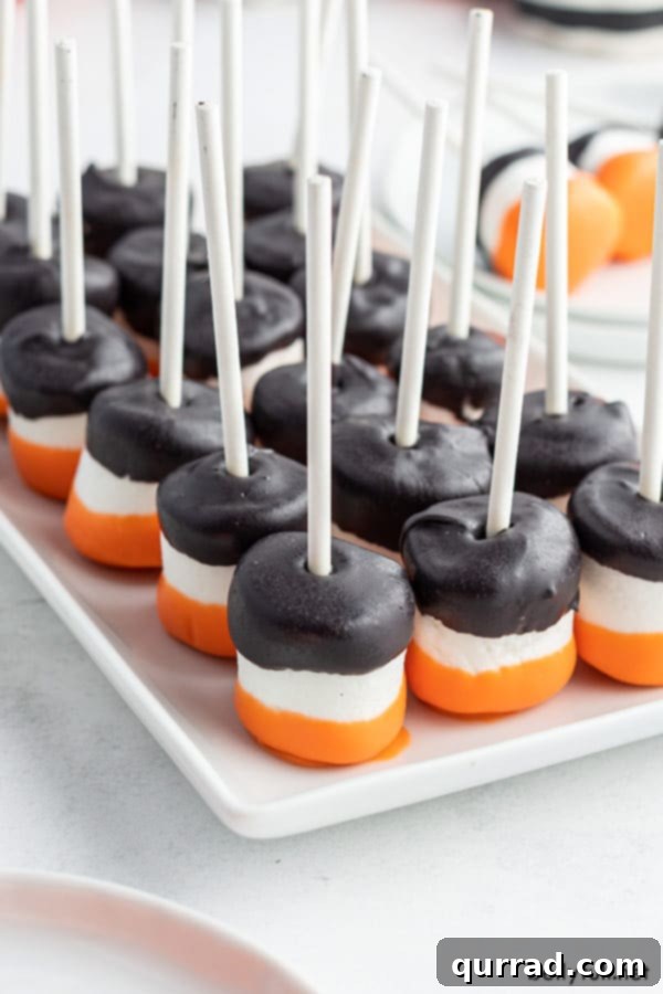 A large white tray filled with numerous Halloween Marshmallow Pops, each perfectly coated in vibrant black and orange candy melts and resting on a lollipop stick.