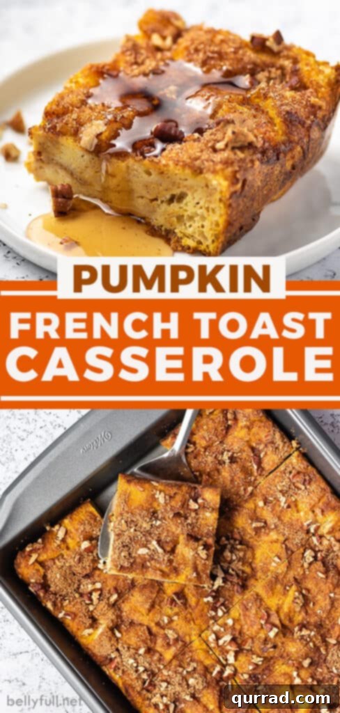 A visually appealing pin graphic featuring a slice of pumpkin French toast casserole, enticing viewers to save and try the recipe.