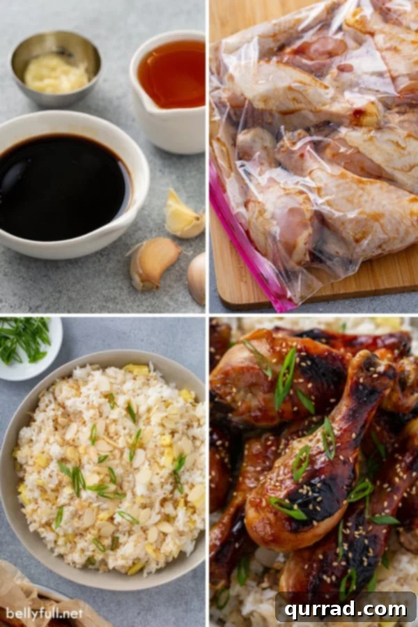 Step by step process photos for Honey Soy Baked Chicken Drumsticks, showing marinated chicken on a baking sheet, and the basting process.