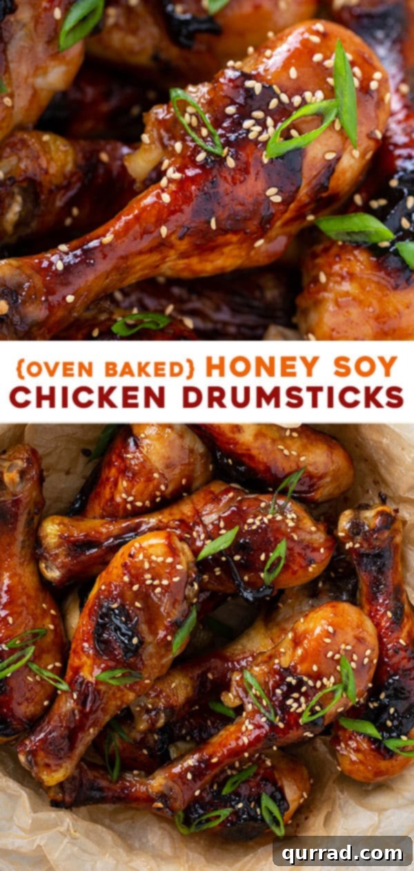 Long vertical pin image for Honey Soy Baked Chicken Drumsticks, showing the finished dish with a decorative split.