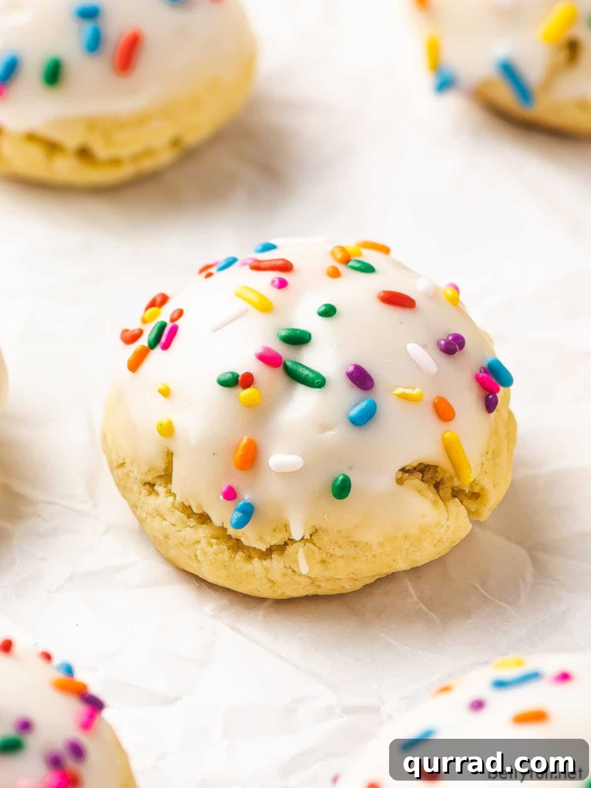 Sweet Italian Delights 3 A single Italian Cookie perfectly coated with smooth white icing and a scattering of vibrant rainbow sprinkles, highlighting its delicate texture.
