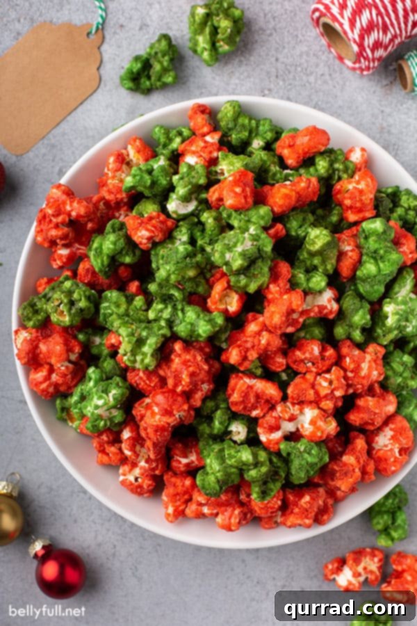 Merry Caramel Popcorn 3 overhead of red and green caramel corn in white bowl