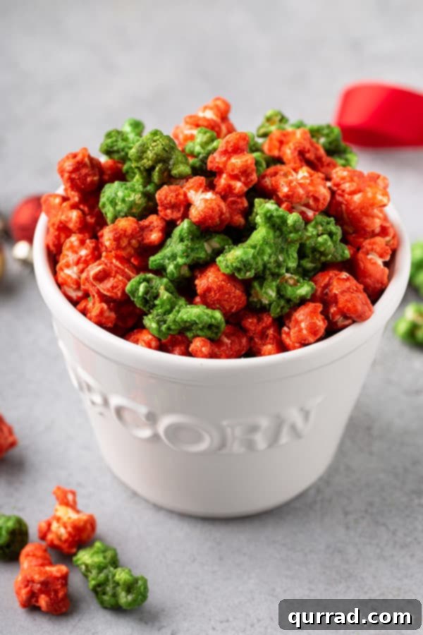 Merry Caramel Popcorn 5 close up Christmas colored caramel popcorn in white popcorn canister