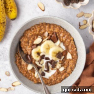 Decadent Chocolate Steel Cut Oatmeal 2 overhead chocolate-y steel cut oatmeal in bowl with bananas
