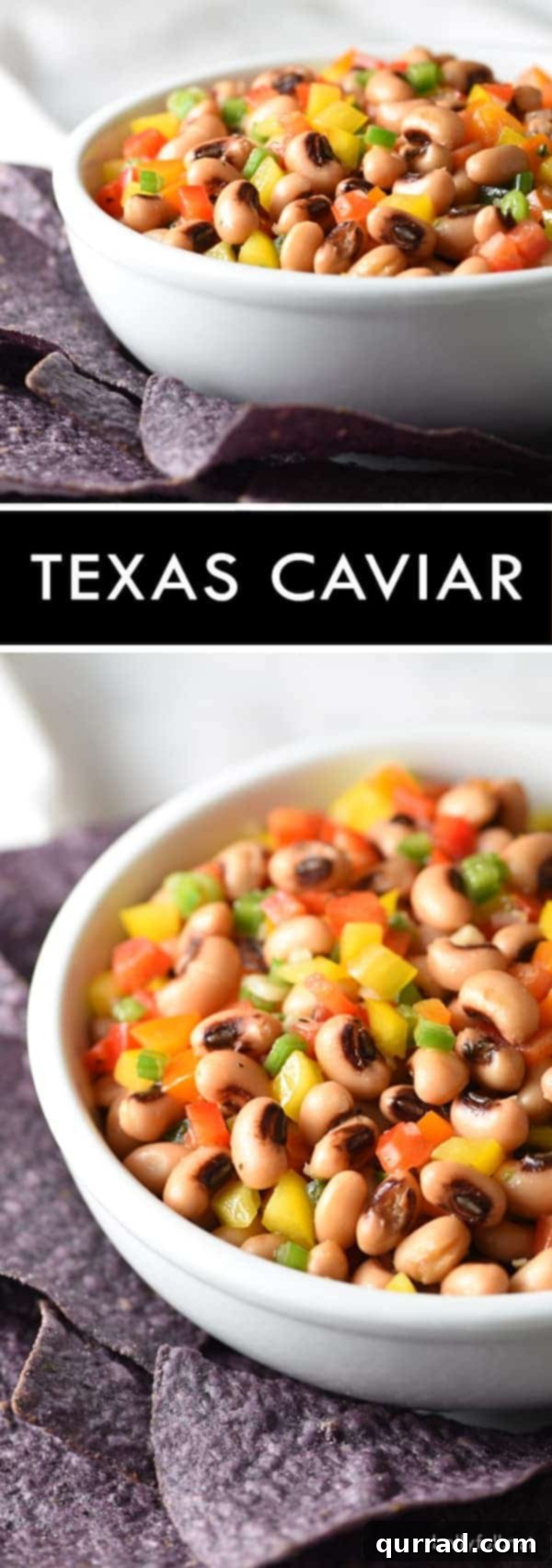 This Texas Caviar is a cross between a salad and a dip, made up of black-eyed peas and colorful bell peppers, lightly pickled in a vinaigrette dressing and served with blue corn tortilla chips!