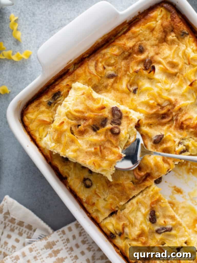 Golden Baked Noodle Pudding 11 Portion of noodle kugel casserole on a serving spoon.