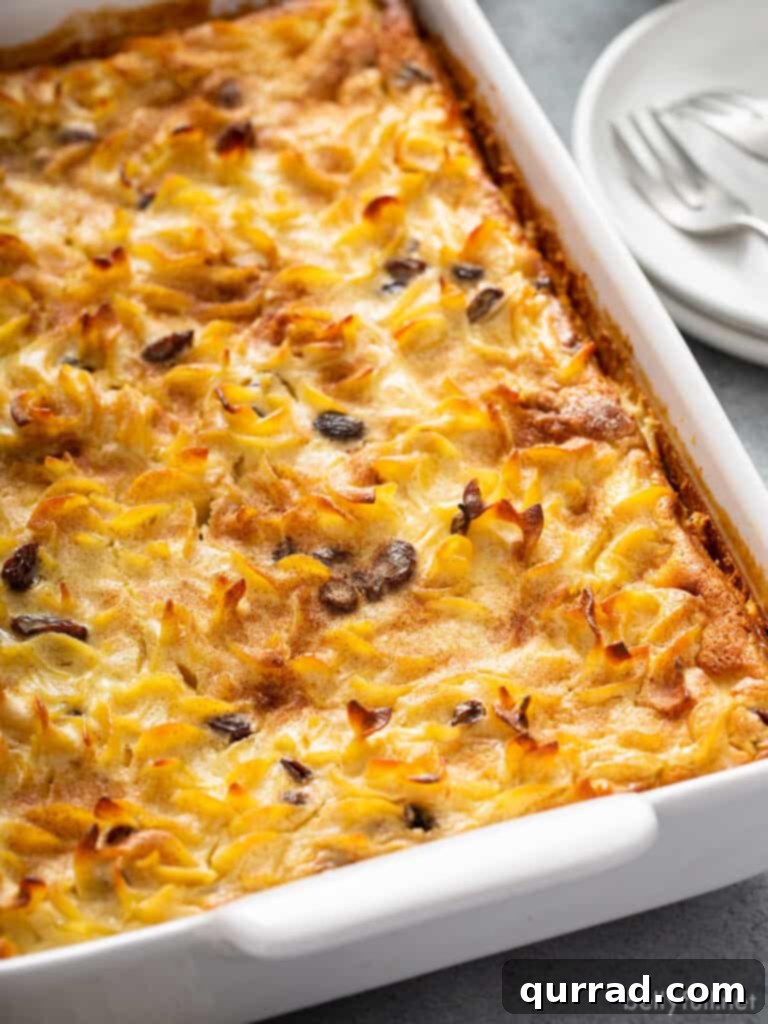 Golden Baked Noodle Pudding 12 Noodle Kugel with raisins baked in a white casserole dish.