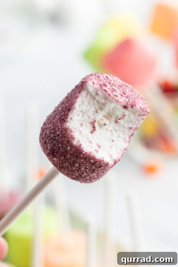 A close-up of a bitten marshmallow pop coated in vivid purple Skittles powder, revealing the soft, white marshmallow interior.