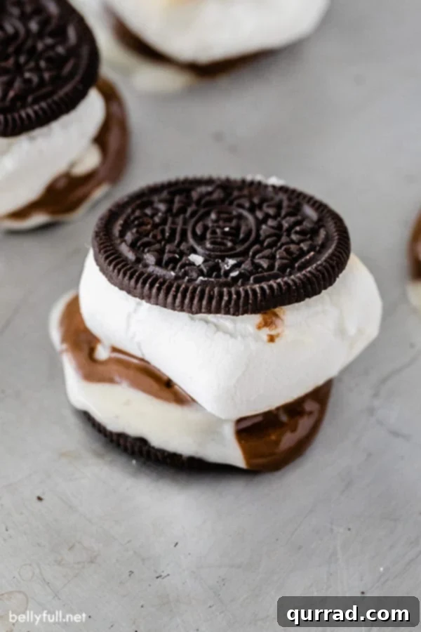 Oreo Smores 4 Several finished S'mOreos arranged on a white plate, showcasing the gooey interior