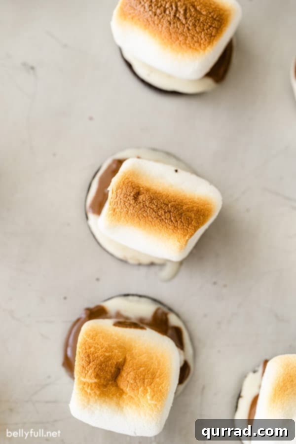 Oreo Smores 5 Close-up overhead shot of a perfectly broiled, golden marshmallow, ready for the chocolate and top cookie