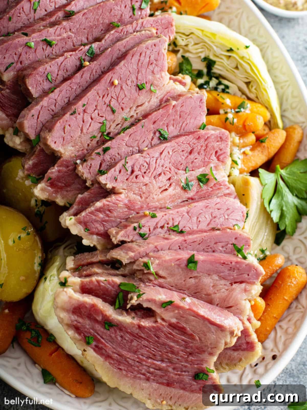 close up sliced corned beef on serving platter