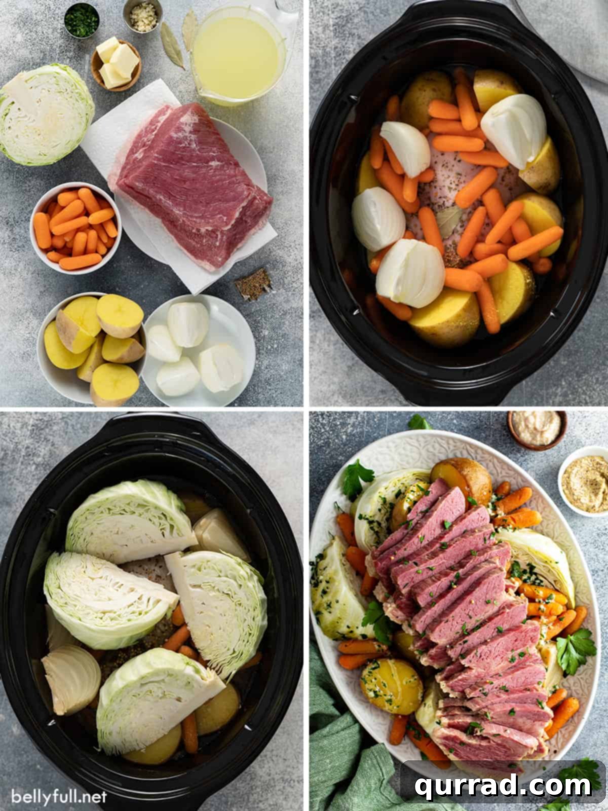 4 picture collage of steps to make crock pot corned beef