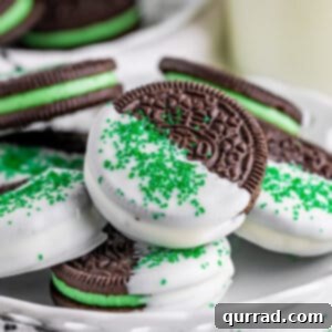 white chocolate coated mint oreos with green sanding sugar